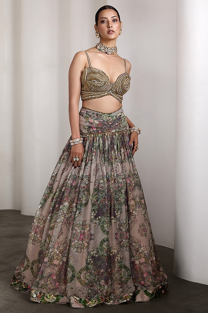 Beige Organza & Poly Lurex Floral Printed Wedding Lehenga Set by Rocky Star at Pernia's Pop Up Shop