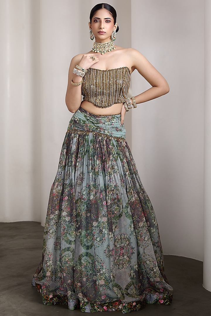 Blue Organza & Poly Lurex Floral Printed Wedding Lehenga Set by Rocky Star at Pernia's Pop Up Shop