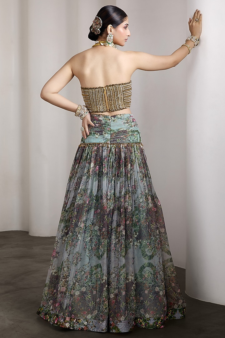 Blue Organza & Poly Lurex Floral Printed Wedding Lehenga Set by Rocky Star at Pernia's Pop Up Shop