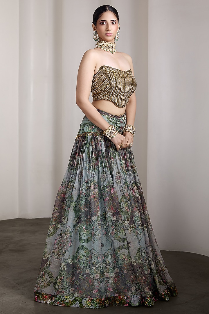 Blue Organza & Poly Lurex Floral Printed Wedding Lehenga Set by Rocky Star at Pernia's Pop Up Shop