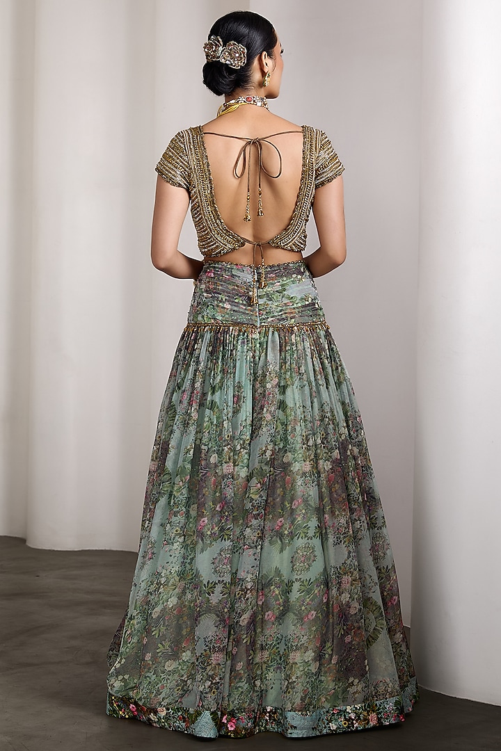 Blue Organza & Poly Lurex Floral Printed Wedding Lehenga Set by Rocky Star at Pernia's Pop Up Shop