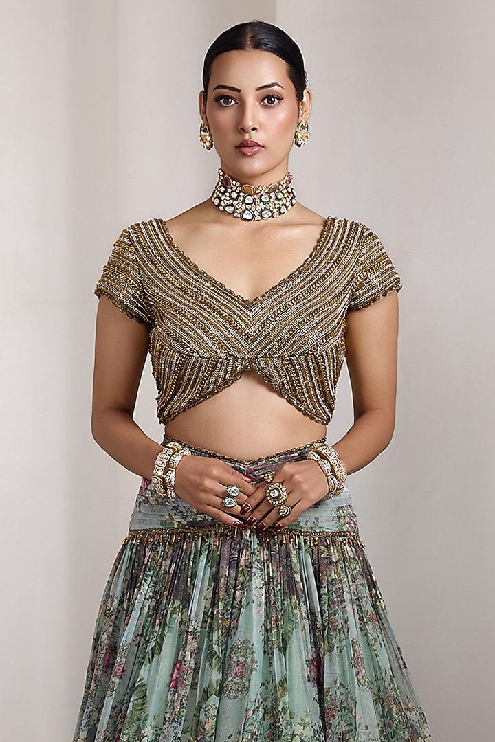 Blue Organza & Poly Lurex Floral Printed Wedding Lehenga Set by Rocky Star at Pernia's Pop Up Shop