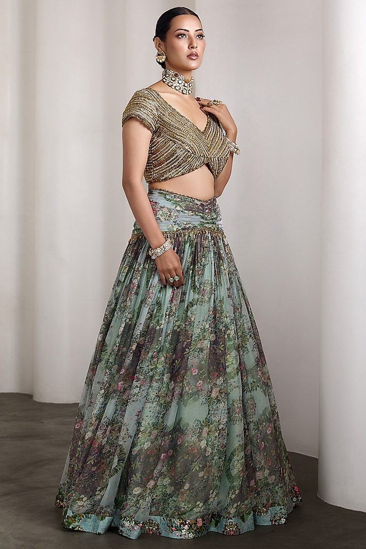 Blue Organza & Poly Lurex Floral Printed Wedding Lehenga Set by Rocky Star at Pernia's Pop Up Shop