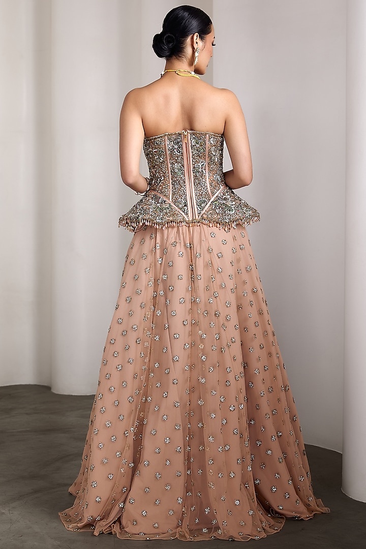 Pink Net Sequins Hand Embroidered Bridal Lehenga Set by Rocky Star at Pernia's Pop Up Shop