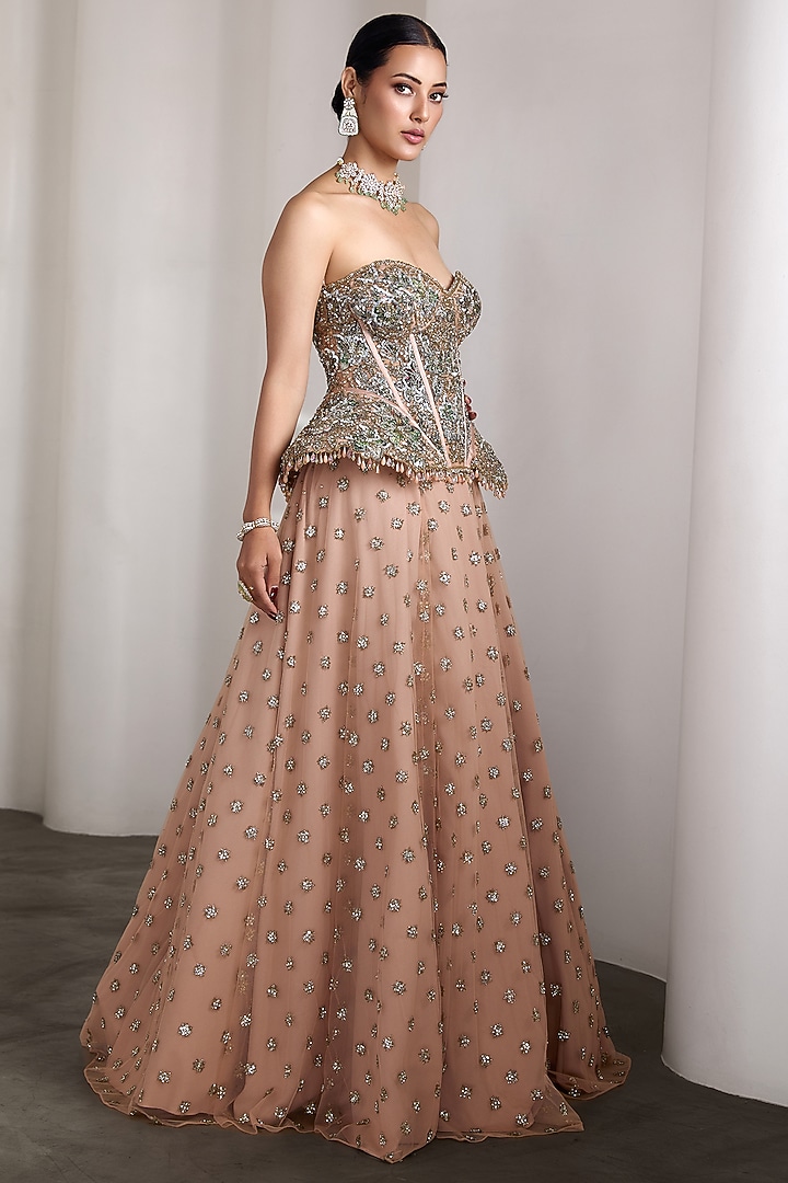 Pink Net Sequins Hand Embroidered Bridal Lehenga Set by Rocky Star at Pernia's Pop Up Shop