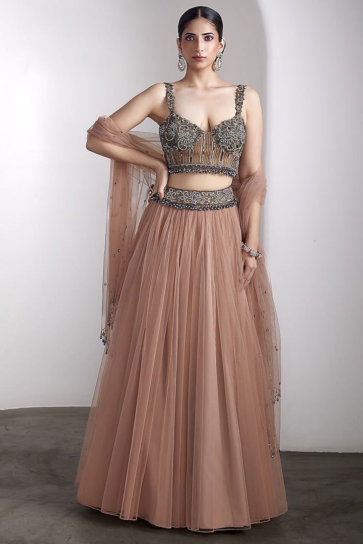 Pink Net Hand Embroidered Bridal Lehenga Set by Rocky Star at Pernia's Pop Up Shop