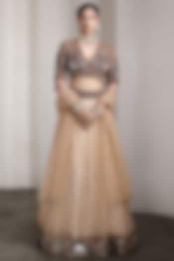 Beige Net Patchwork Embellished Bridal Lehenga Set by Rocky Star at Pernia's Pop Up Shop