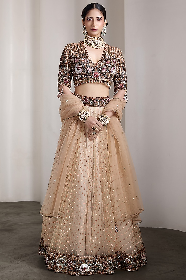Beige Net Patchwork Embellished Bridal Lehenga Set by Rocky Star at Pernia's Pop Up Shop
