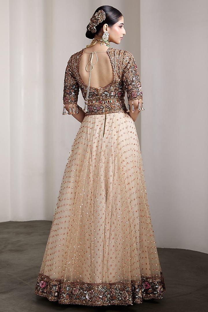 Beige Net Patchwork Embellished Bridal Lehenga Set by Rocky Star at Pernia's Pop Up Shop