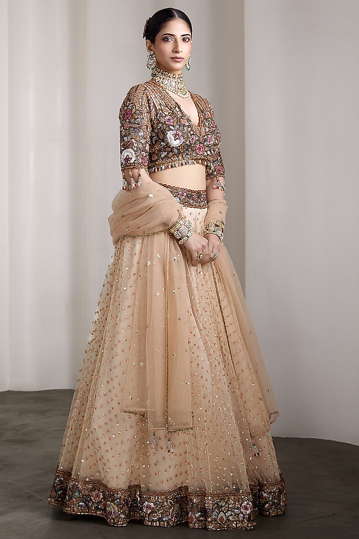 Beige Net Patchwork Embellished Bridal Lehenga Set by Rocky Star at Pernia's Pop Up Shop