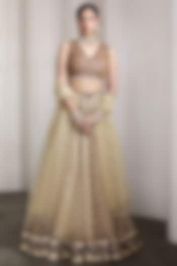 Ivory & Gold Net Patchwork Embroidered Bridal Lehenga Set by Rocky Star at Pernia's Pop Up Shop