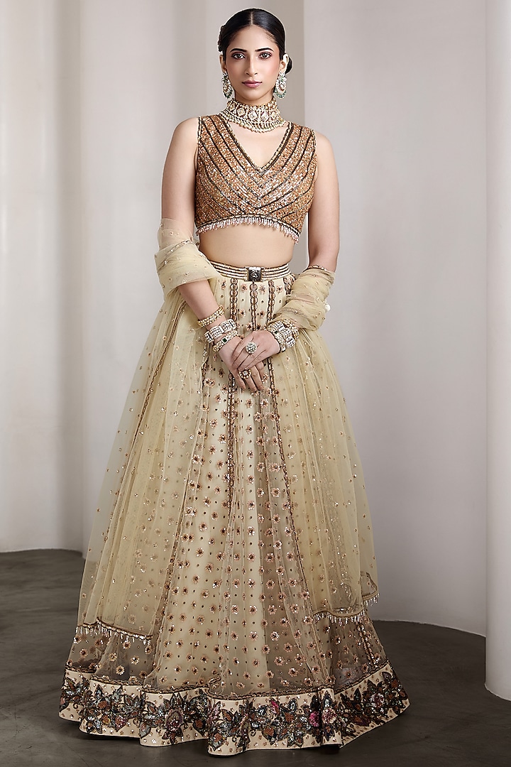 Ivory & Gold Net Patchwork Embroidered Bridal Lehenga Set by Rocky Star at Pernia's Pop Up Shop