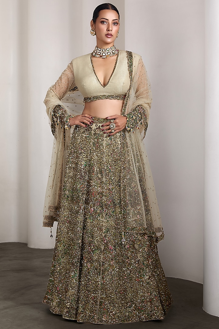 Ivory Raw Silk & Net Embellished Bridal Lehenga Set by Rocky Star at Pernia's Pop Up Shop