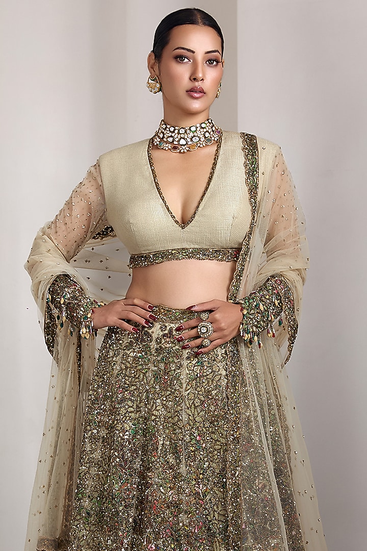 Ivory Raw Silk & Net Embellished Bridal Lehenga Set by Rocky Star at Pernia's Pop Up Shop