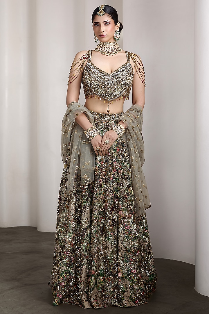 Beige Raw Silk & Net Floral Embroidered Bridal Lehenga Set by Rocky Star at Pernia's Pop Up Shop