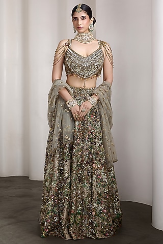Beige Raw Silk & Net Floral Embroidered Lehenga Set by Rocky Star