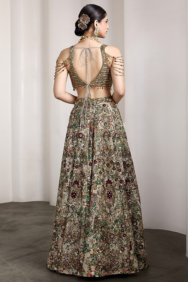 Beige Raw Silk & Net Floral Embroidered Bridal Lehenga Set by Rocky Star at Pernia's Pop Up Shop
