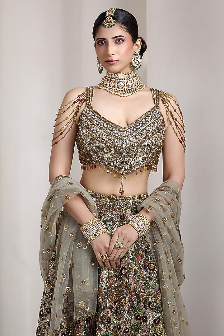 Beige Raw Silk & Net Floral Embroidered Bridal Lehenga Set by Rocky Star at Pernia's Pop Up Shop
