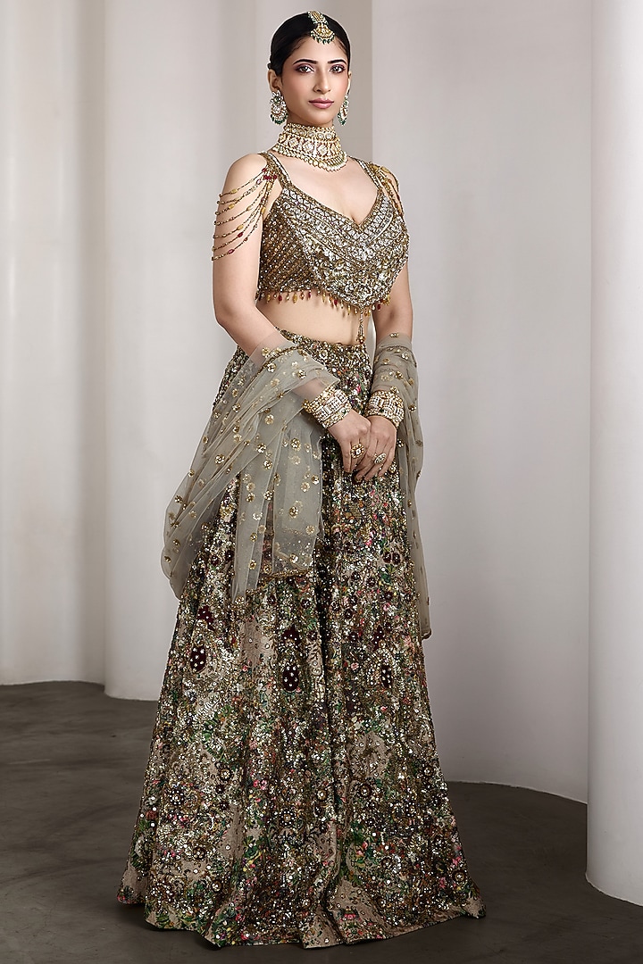Beige Raw Silk & Net Floral Embroidered Bridal Lehenga Set by Rocky Star at Pernia's Pop Up Shop