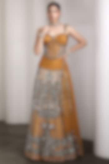 Mustard Raw Silk & Net Sequins Work Bridal Lehenga Set by Rocky Star at Pernia's Pop Up Shop