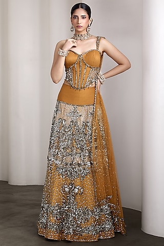 Mustard Raw Silk & Net Sequins Work Lehenga Set by Rocky Star