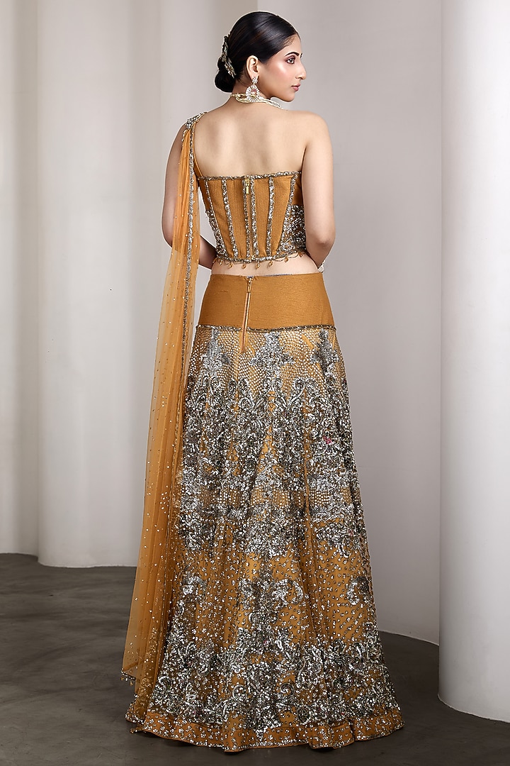 Mustard Raw Silk & Net Sequins Work Bridal Lehenga Set by Rocky Star at Pernia's Pop Up Shop