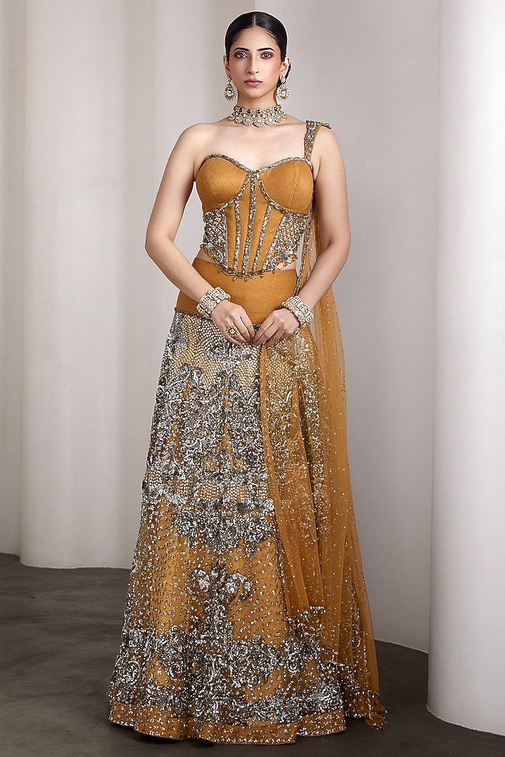Mustard Raw Silk & Net Sequins Work Bridal Lehenga Set by Rocky Star at Pernia's Pop Up Shop