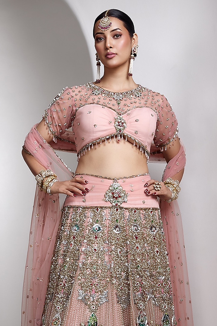Pink Raw Silk & Net Sequins Work Bridal Lehenga Set by Rocky Star at Pernia's Pop Up Shop
