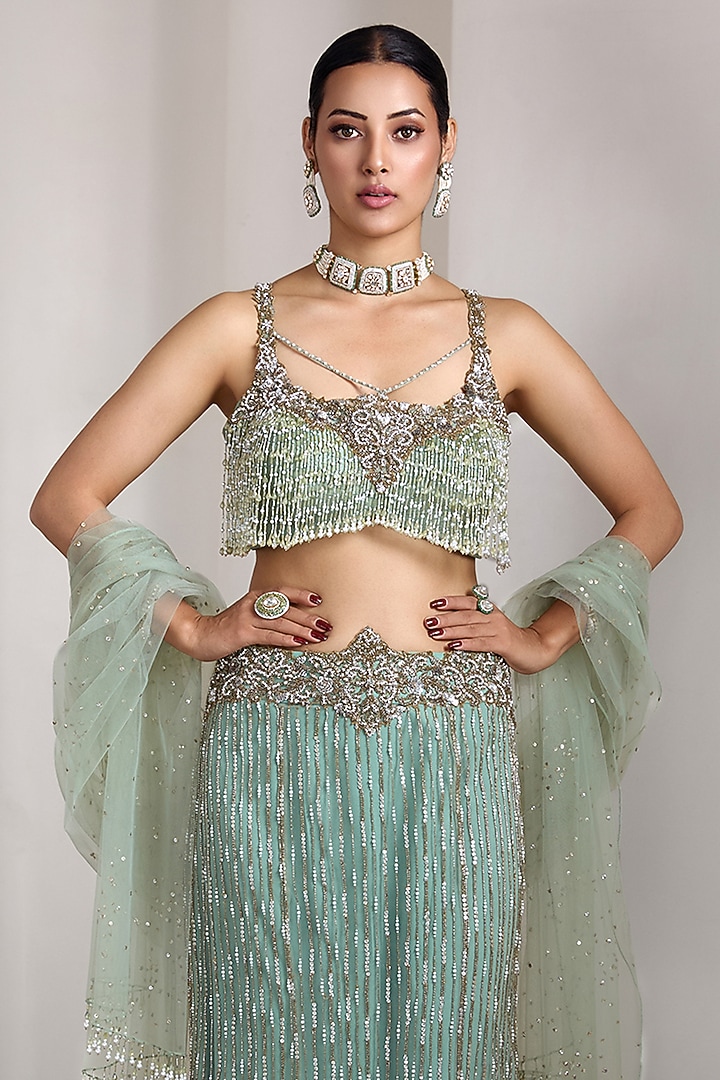 Aqua Net Hand Embroidered Bridal Lehenga Set by Rocky Star at Pernia's Pop Up Shop