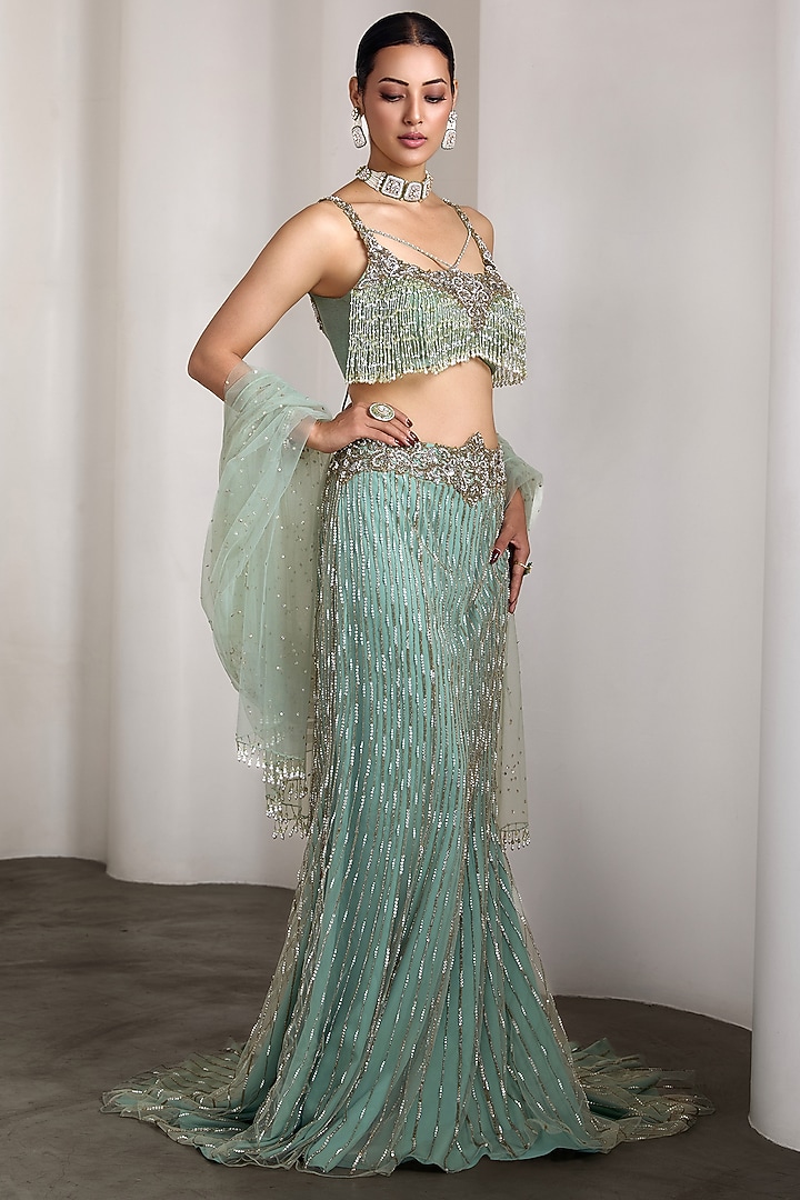 Aqua Net Hand Embroidered Bridal Lehenga Set by Rocky Star at Pernia's Pop Up Shop