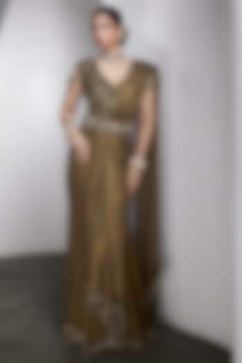 Olive-Gold Georgette & Net Draped Reception Saree Set by Rocky Star at Pernia's Pop Up Shop