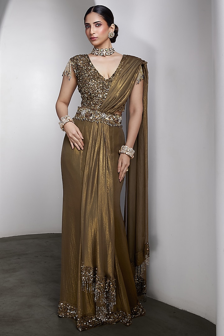 Olive-Gold Georgette & Net Draped Reception Saree Set by Rocky Star at Pernia's Pop Up Shop