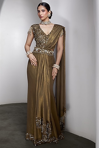 Olive-Gold Georgette & Net Draped Saree Set by Rocky Star