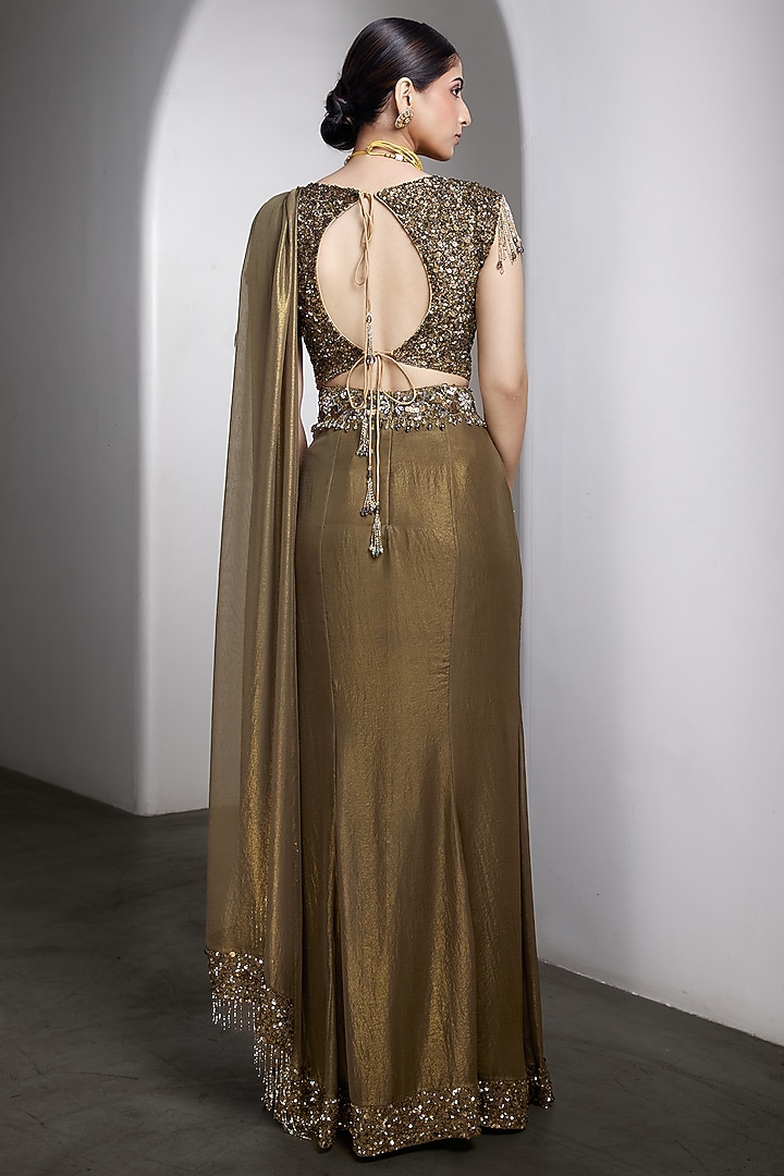 Olive-Gold Georgette & Net Draped Reception Saree Set by Rocky Star at Pernia's Pop Up Shop
