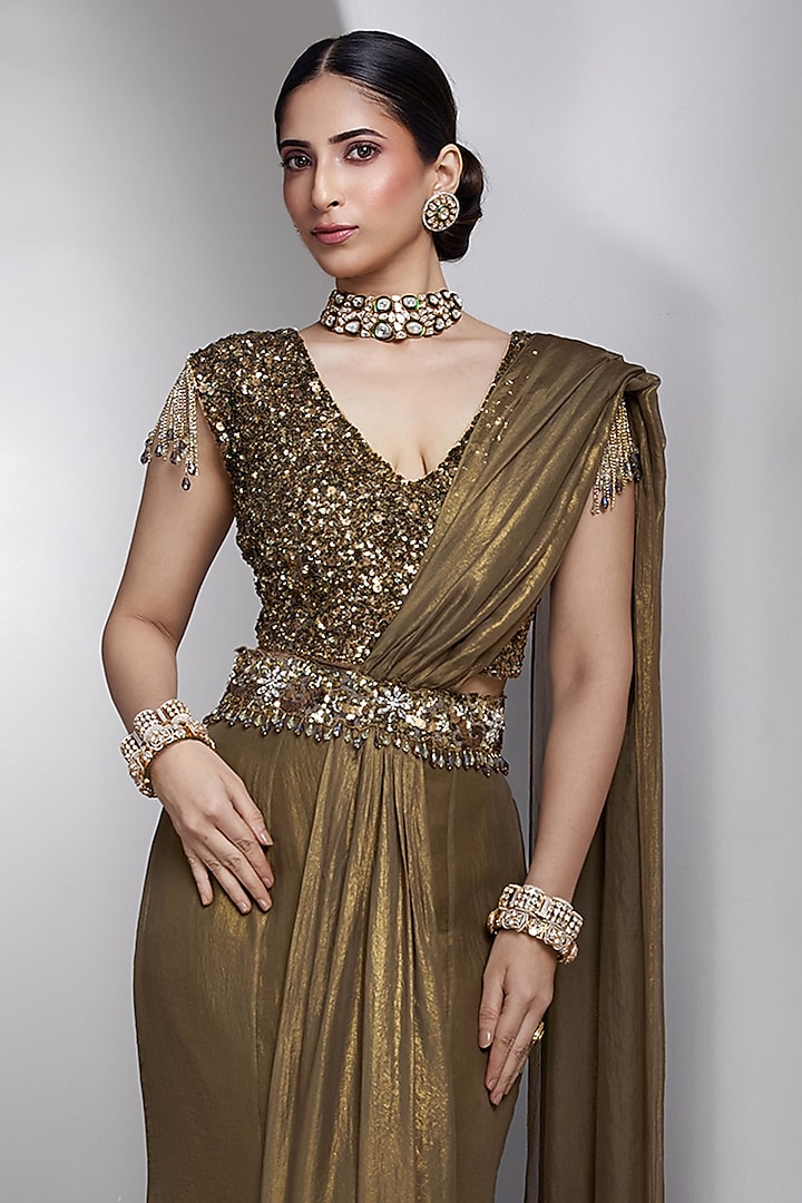 Olive-Gold Georgette & Net Draped Reception Saree Set by Rocky Star at Pernia's Pop Up Shop