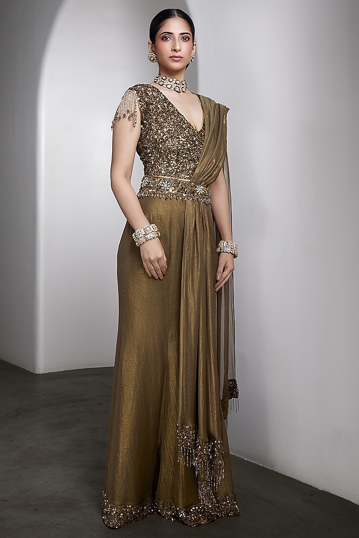 Olive-Gold Georgette & Net Draped Reception Saree Set by Rocky Star at Pernia's Pop Up Shop