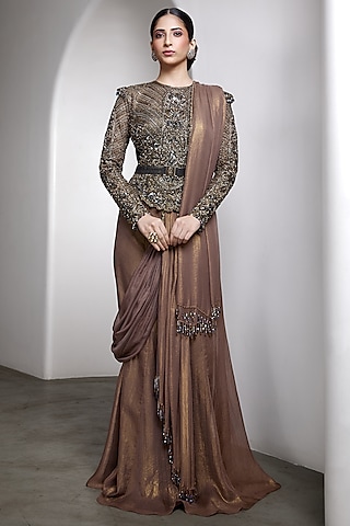 Metallic Nude Georgette & Net Draped Saree Set by Rocky Star