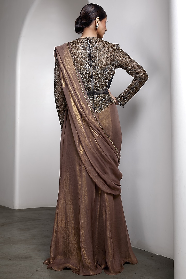 Metallic Nude Georgette & Net Draped Bridal Saree Set by Rocky Star at Pernia's Pop Up Shop