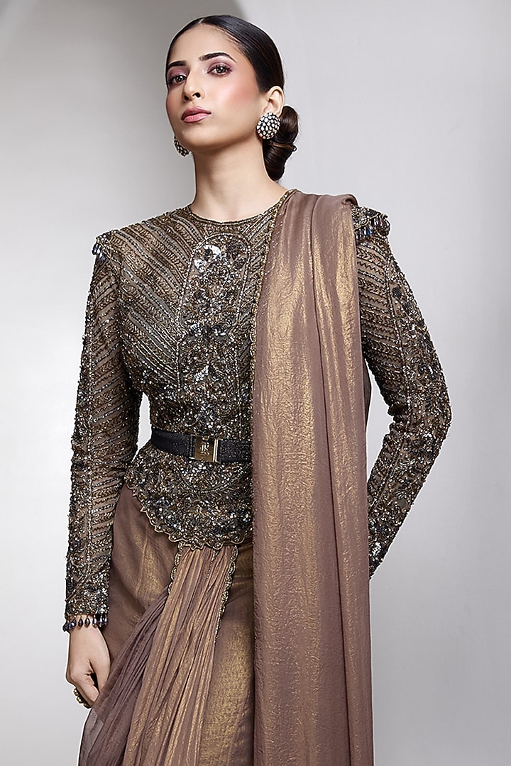 Metallic Nude Georgette & Net Draped Bridal Saree Set by Rocky Star at Pernia's Pop Up Shop
