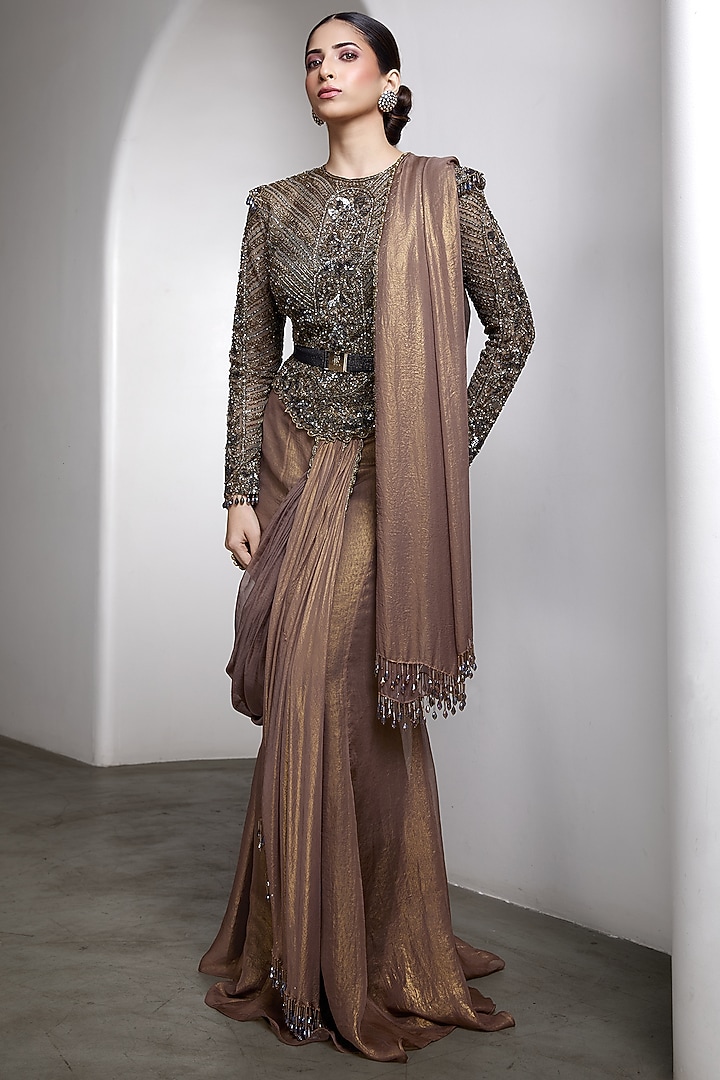 Metallic Nude Georgette & Net Draped Bridal Saree Set by Rocky Star at Pernia's Pop Up Shop
