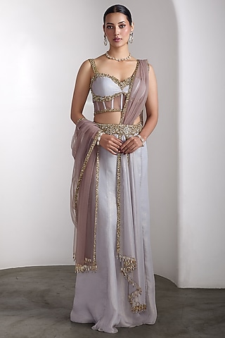 Grey Metallic Georgette & Net Embroidered Draped Saree Set by Rocky Star