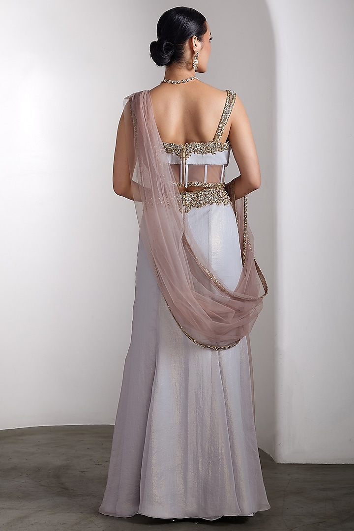 Grey Metallic Georgette & Net Embroidered Draped Reception Saree Set by Rocky Star at Pernia's Pop Up Shop
