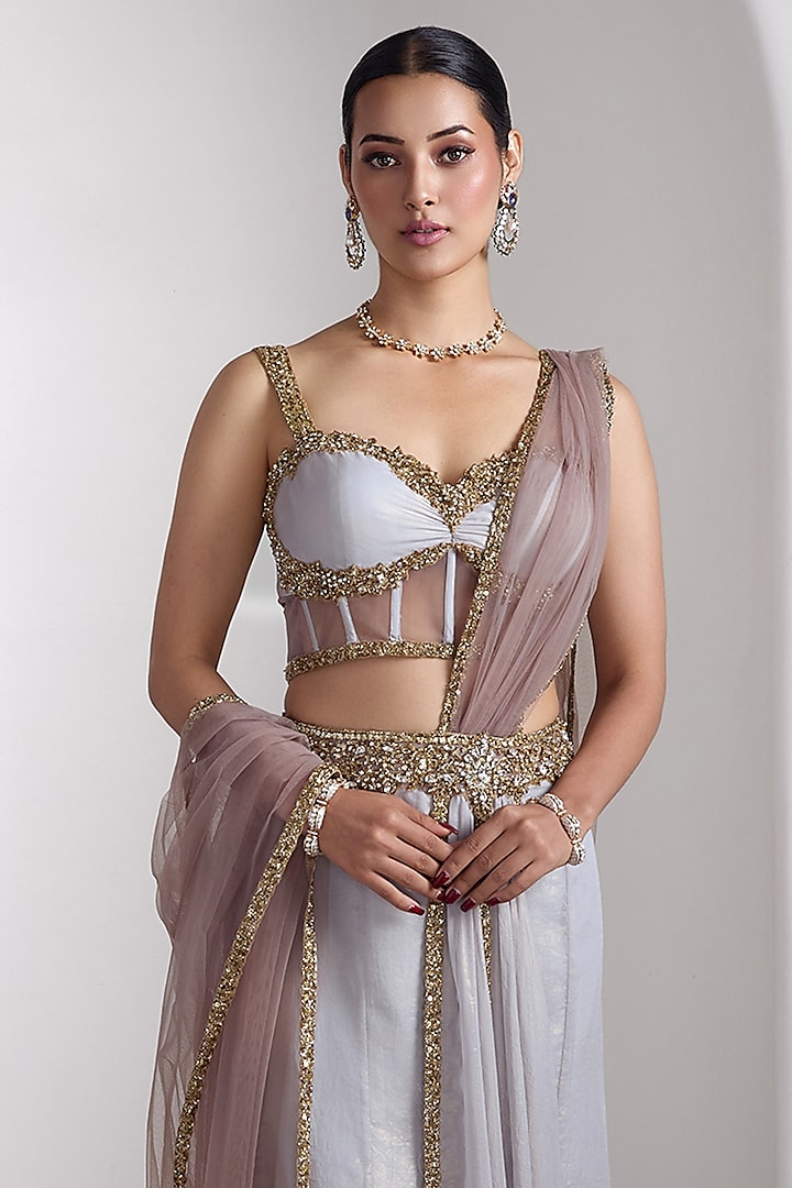 Grey Metallic Georgette & Net Embroidered Draped Reception Saree Set by Rocky Star at Pernia's Pop Up Shop