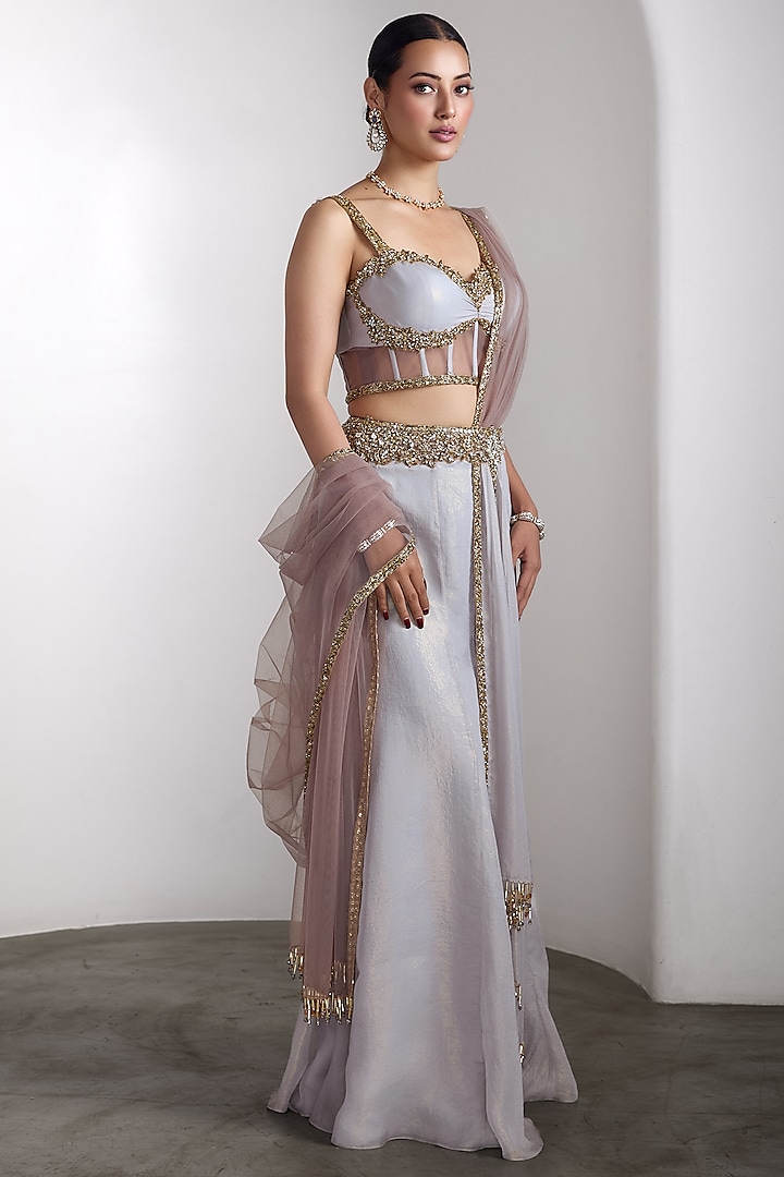 Grey Metallic Georgette & Net Embroidered Draped Reception Saree Set by Rocky Star at Pernia's Pop Up Shop
