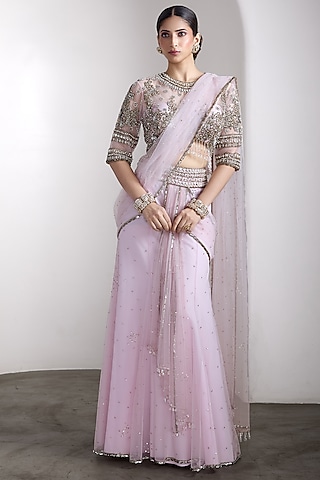 Pink Net Draped Saree Set by Rocky Star