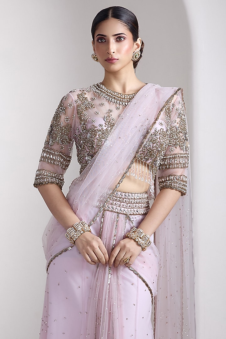 Pink Net Draped Reception Saree Set by Rocky Star at Pernia's Pop Up Shop