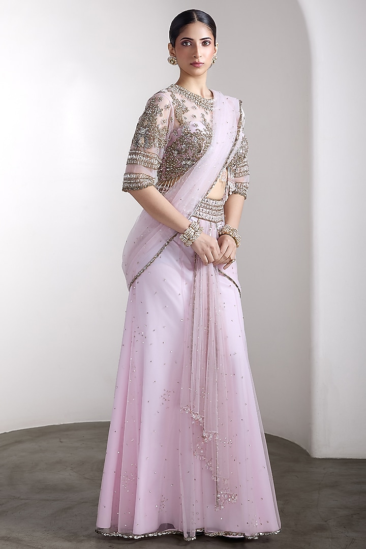 Pink Net Draped Reception Saree Set by Rocky Star at Pernia's Pop Up Shop