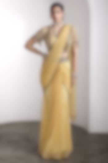 Yellow Net Sequins Work Draped Reception Saree Set by Rocky Star at Pernia's Pop Up Shop
