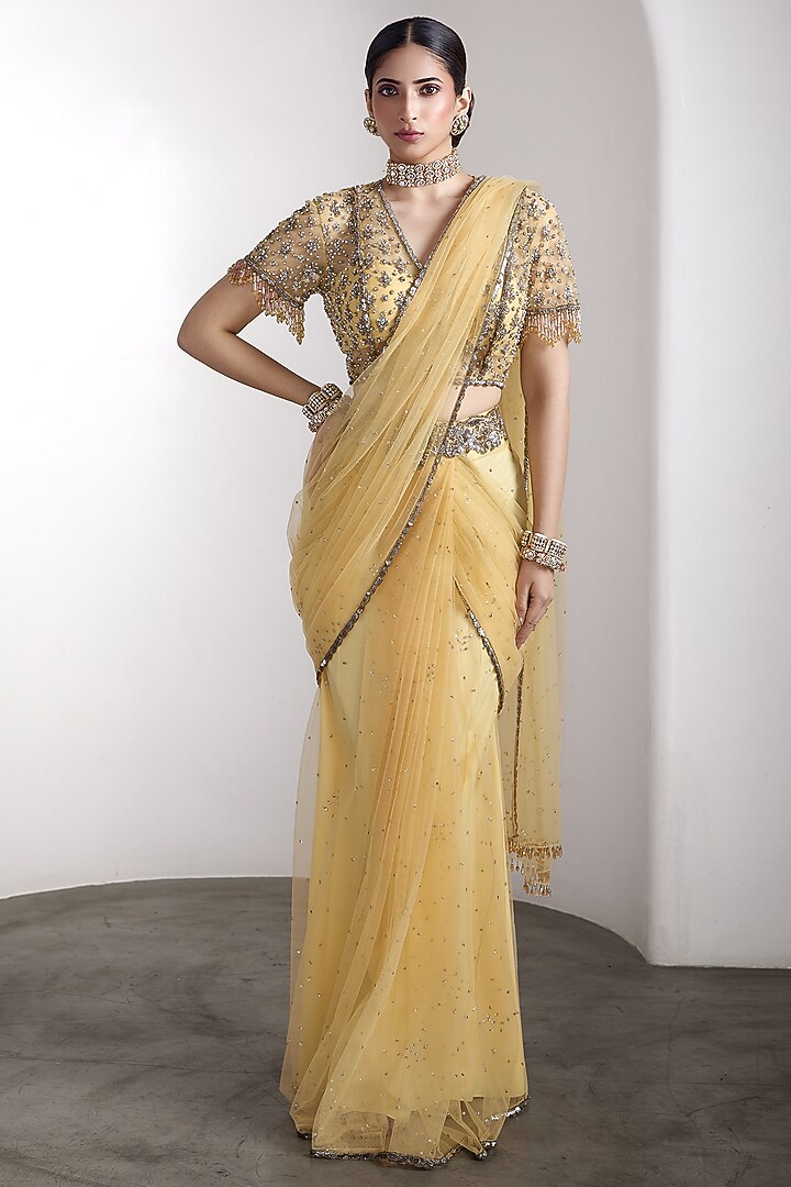 Yellow Net Sequins Work Draped Reception Saree Set by Rocky Star at Pernia's Pop Up Shop