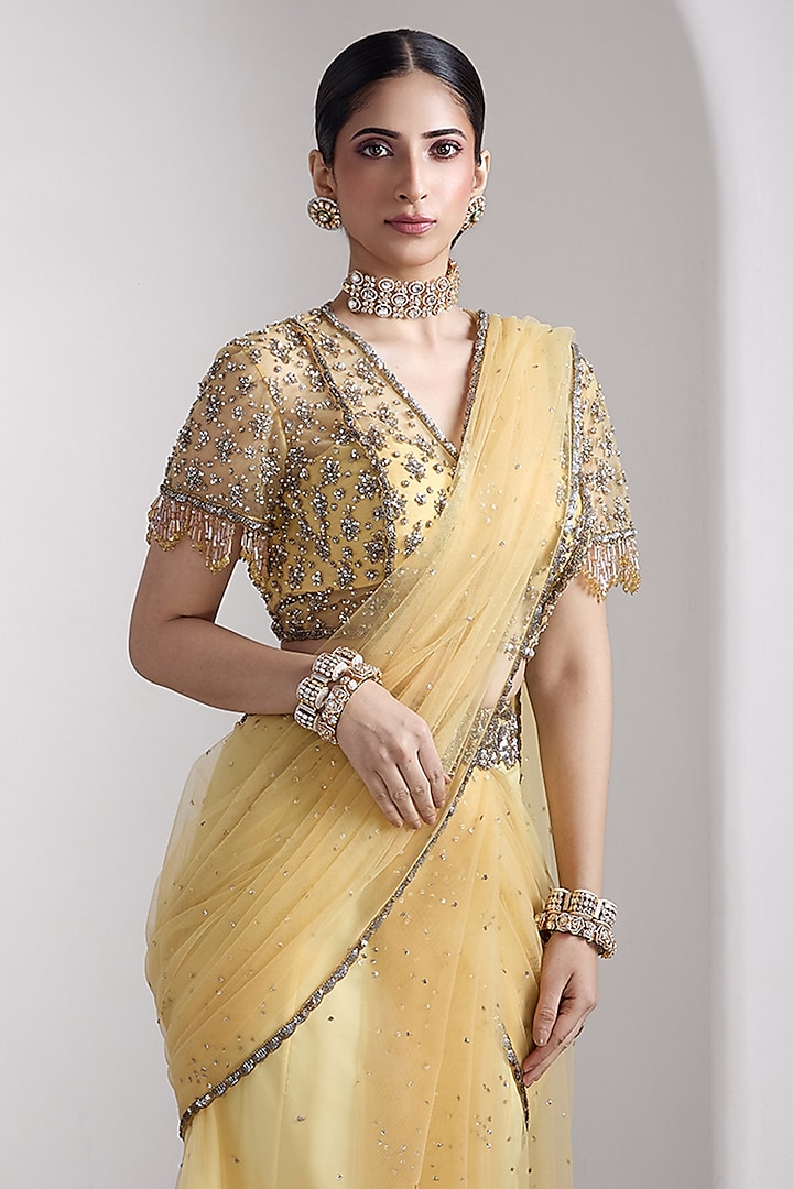 Yellow Net Sequins Work Draped Reception Saree Set by Rocky Star at Pernia's Pop Up Shop